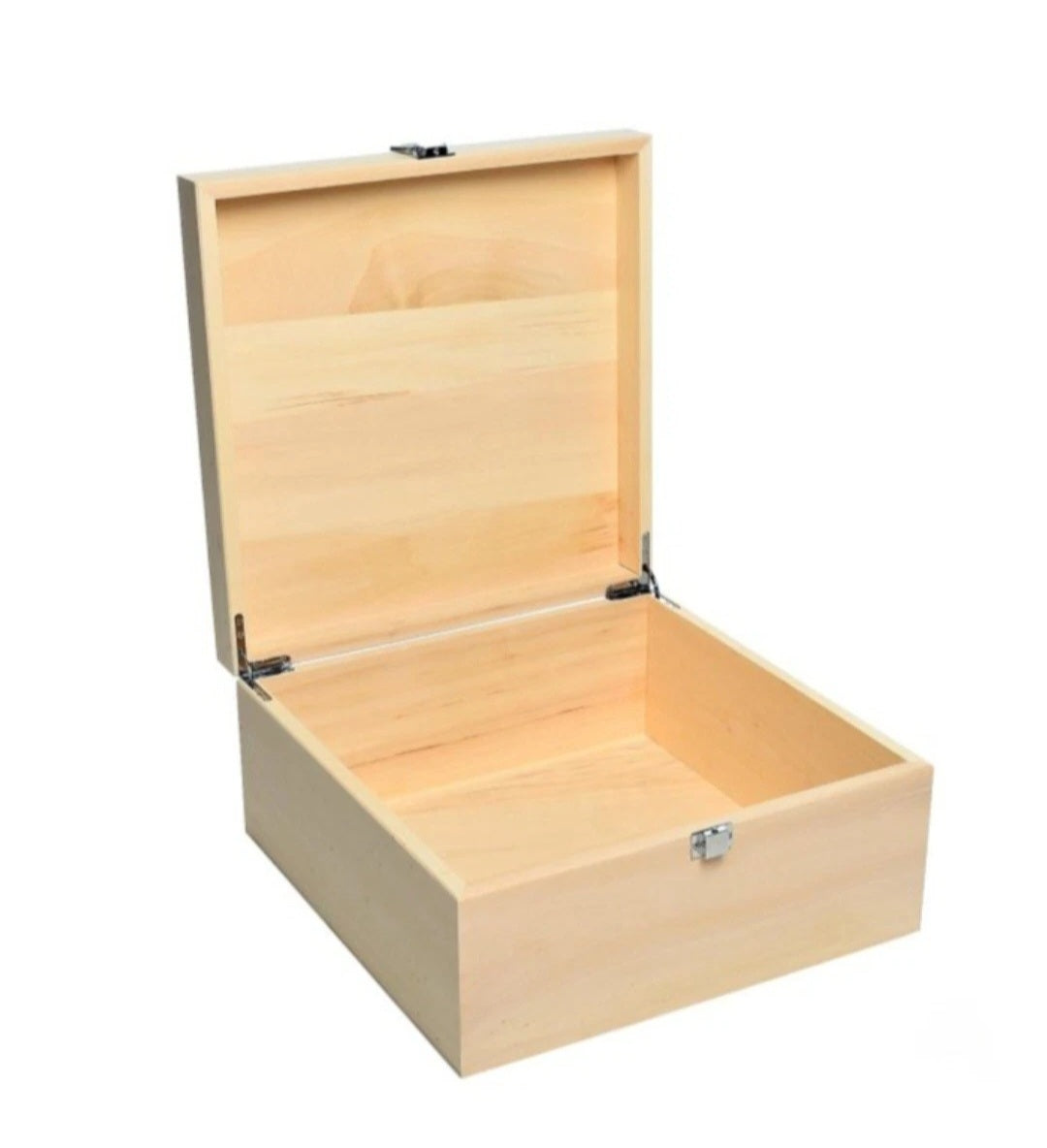 Wooden box with an open lid on a white background