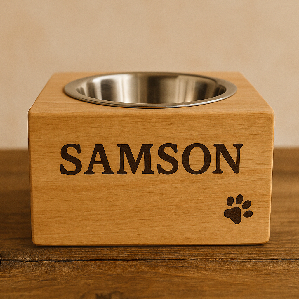 personalised wooden pet bowl stand with 'SAMSON' engraved, on a wooden surface.