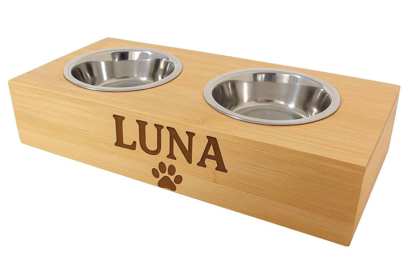 personalised double dog bowl feeding station with 'LUNA' engraved on a wooden base