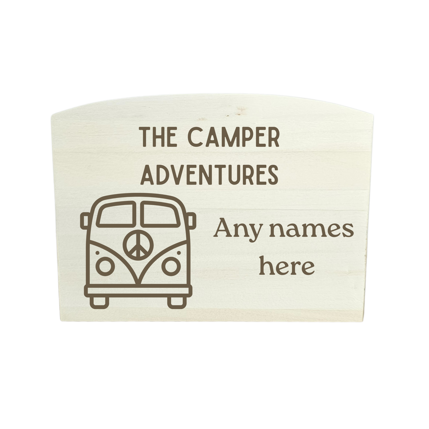 Personalised sign with camper van design and text on a wooden money box on a white background