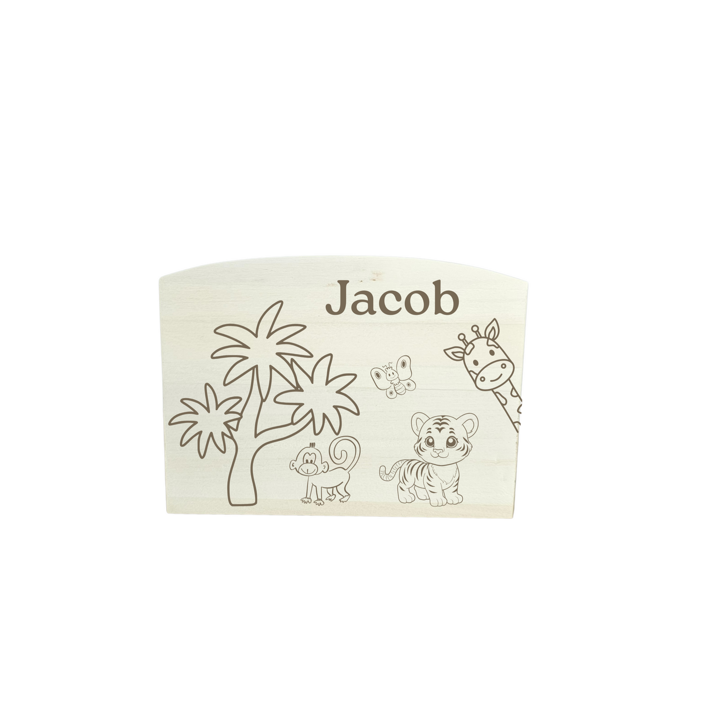 Personalised wooden money box with 'Jacob' and cartoon designs on a white background