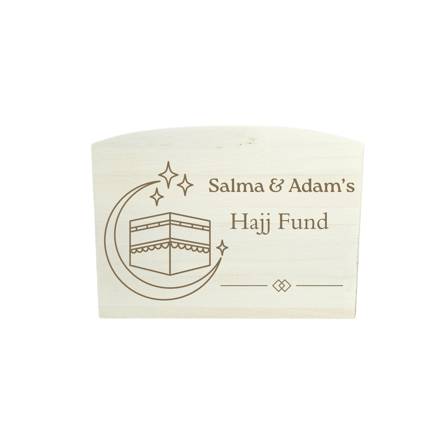 White money box with 'Salma & Adam's Hajj Fund' text and a kaaba illustration on a white background