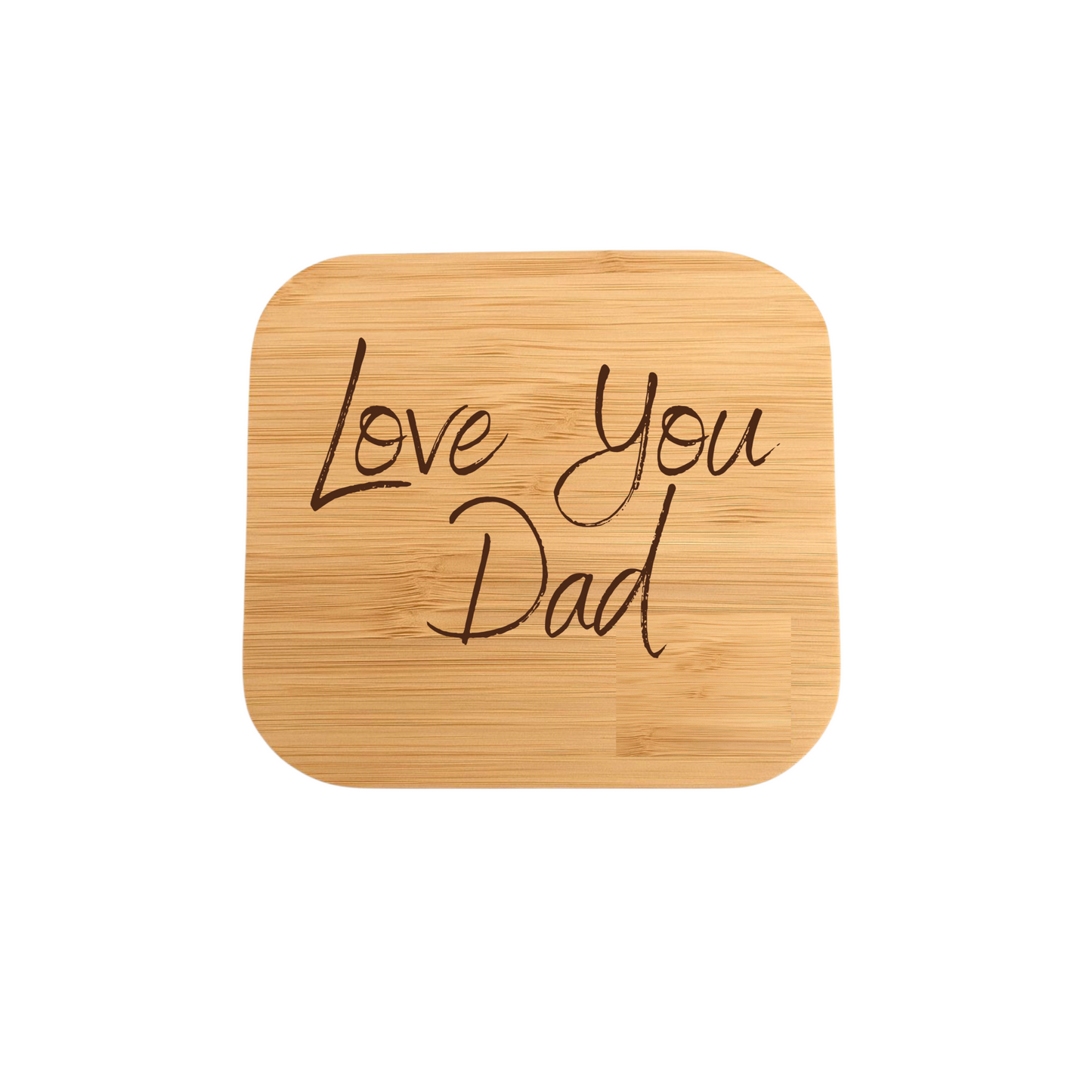 Bamboo wireless charger with 'Love You Dad' text on a white background