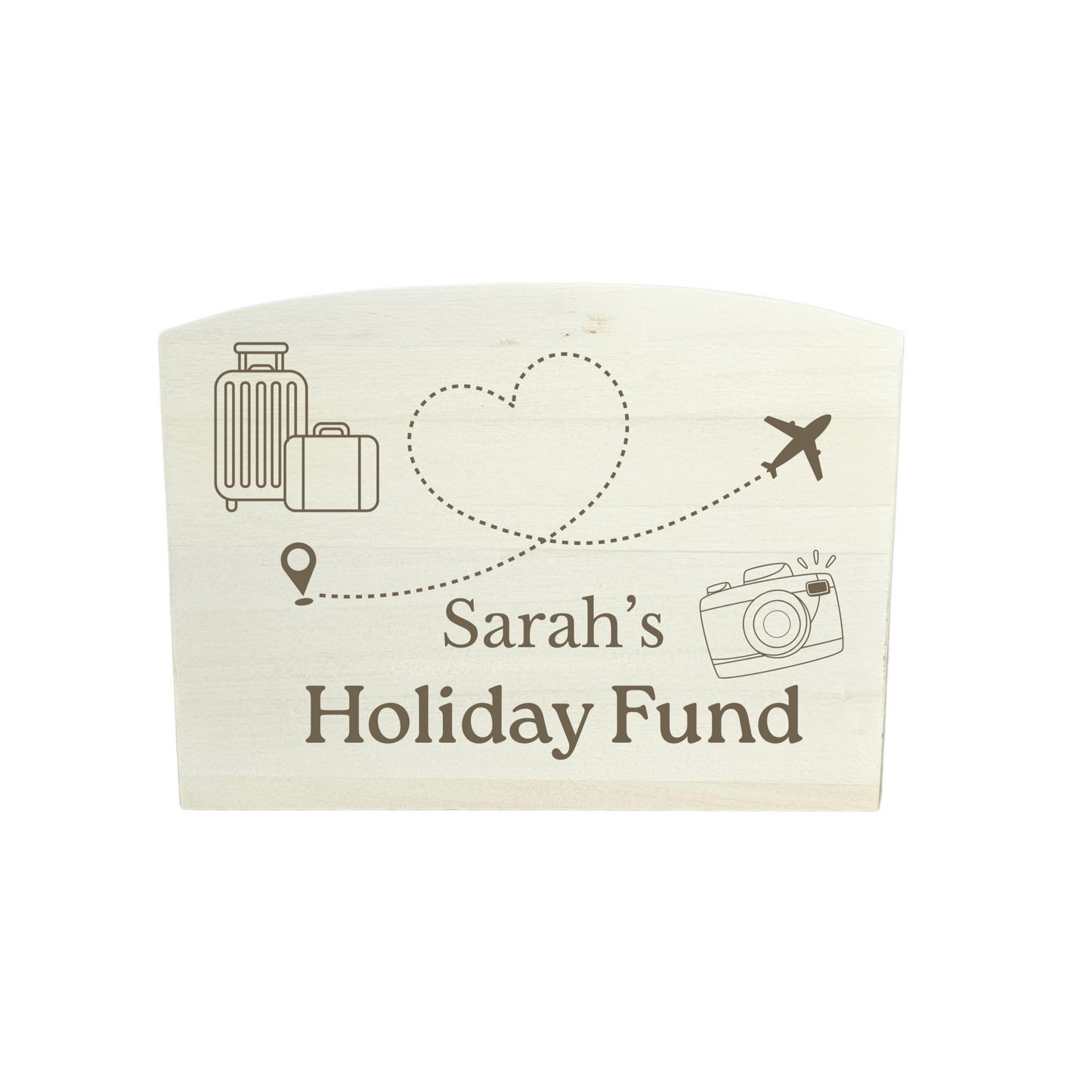 Personalised 'Sarah's Holiday Fund' wallet with travel-themed icons on a white background