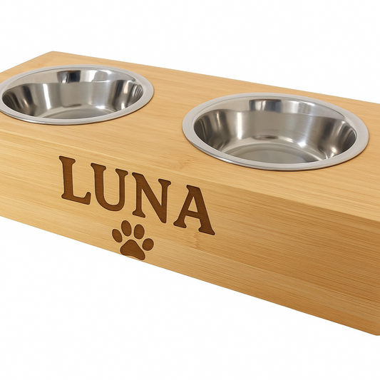 Personalised pet dog feeding station with 'LUNA' engraved on a wooden base