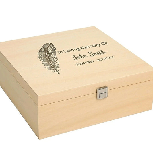 personalised Wooden memorial keepsake box with engraved feather and text on a white background