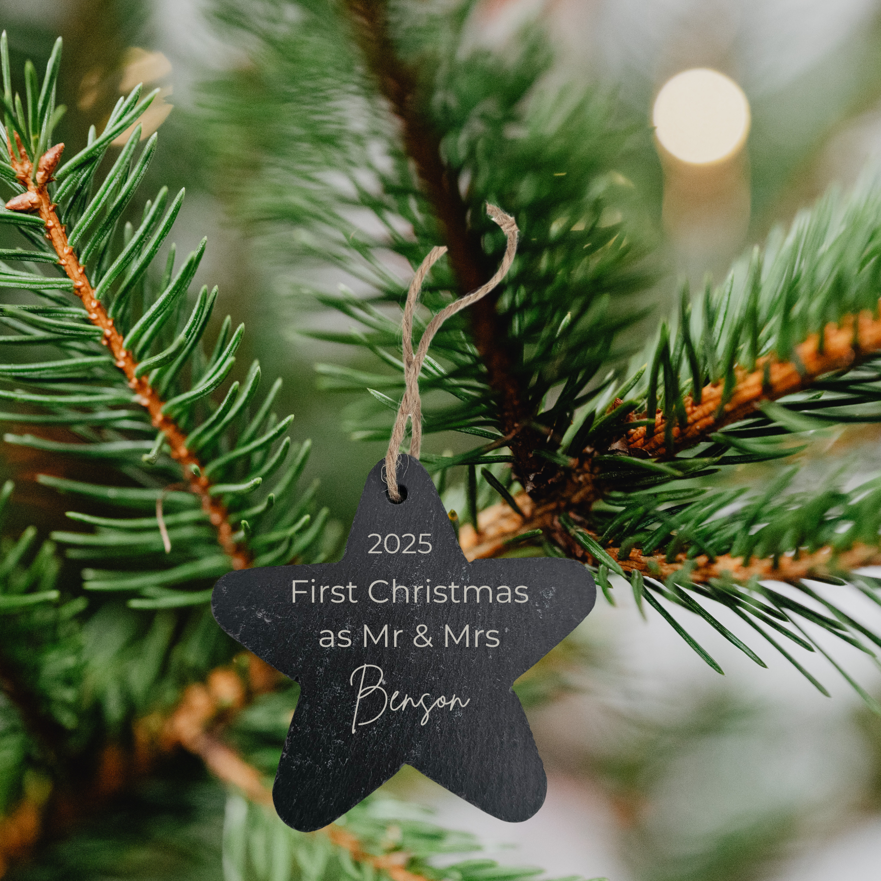 engraved slate star with first Christmas as Mr and Mrs personalised decoration