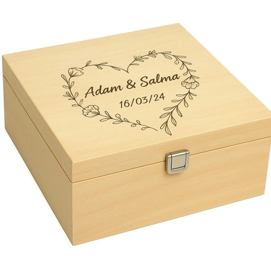 personalised Wooden box with engraved names and date on a white background