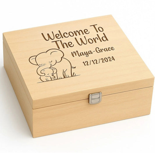 New baby personalised Wooden keepsake  box with engraved text and baby elephant illustration on a white background